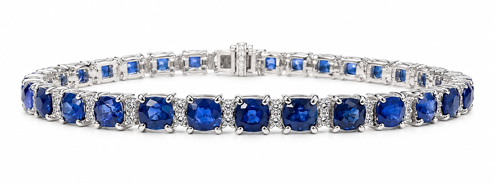 11.19 CT Graduating Cushion Sapphire and Diamond Alternating Two Diamond Bracelet